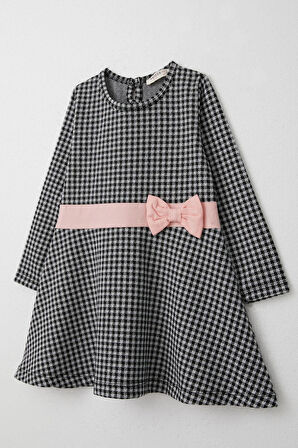 Breeze Kız Çocuk Uzun Kollu Elbise Kaz Ayağı Desenli Fiyonklu 3-8 Yaş, Siyah