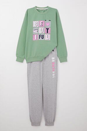 Breeze Kız Çocuk Eşofman Takım Renkli Yazı Baskılı 8-12 Yaş, Mint Yeşili