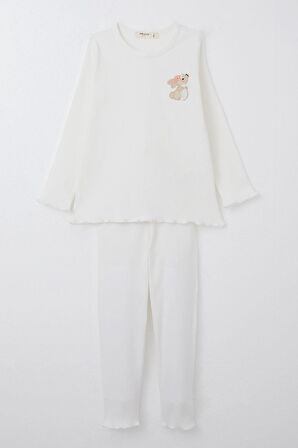 Breeze Kız Çocuk Taytlı Takım Sevimli Tavşancık Nakışlı 2-6 Yaş, Ekru