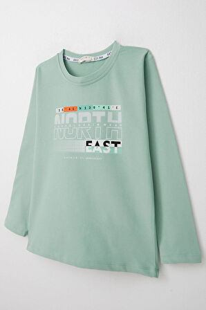 Breeze Erkek Çocuk Uzun Kollu Tişört Yazı Baskılı 6-12 Yaş, Su Yeşili