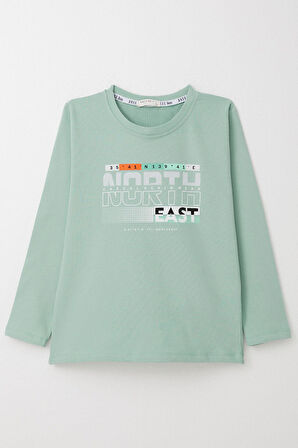 Breeze Erkek Çocuk Uzun Kollu Tişört Yazı Baskılı 6-12 Yaş, Su Yeşili