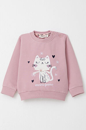 Breeze Kız Bebek Şalvar Tipi Eşofman Takım Kedicik Nakışlı 6 Ay-2 Yaş, Gülkurusu