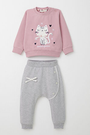 Breeze Kız Bebek Şalvar Tipi Eşofman Takım Kedicik Nakışlı 6 Ay-2 Yaş, Gülkurusu