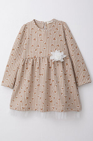 Breeze Kız Çocuk Uzun Kollu Elbise Kalp & Kazayağı Desenli 3-7 Yaş, Bej