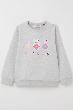 Breeze Kız Çocuk Sweatshirt Sevimli Ayıcıklar Baskılı 1.5-5 Yaş, Açık Gri Melanj