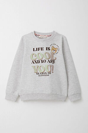 Breeze Kız Çocuk Eşofman Takım Simli Yazı Baskılı Sevimli Ayıcıklı 1.5-5 Yaş, Açık Gri Melanj