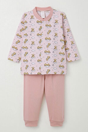 Breeze Kız Bebek Pijama Takımı Gökyüzü Temalı Hayalci Ayıcık Desenli 4 Ay-1 Yaş, Pembe