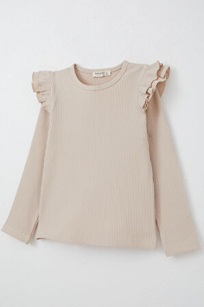 Breeze Kız Çocuk Uzun Kollu Tişört Omuzu Fırfırlı 5-10 Yaş, Bej