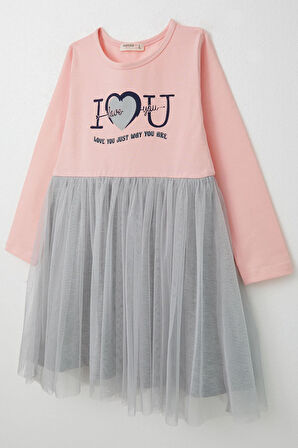 Breeze Kız Çocuk Uzun Kollu Elbise Yazı Baskılı Tüllü 8-12 Yaş, Pembe