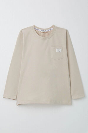 Breeze Erkek Çocuk Uzun Kollu Tişört Cool Yazı Armalı Cepli 4-8 Yaş, Bej