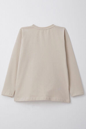 Breeze Erkek Çocuk Uzun Kollu Tişört Cool Yazı Armalı Cepli 4-8 Yaş, Bej