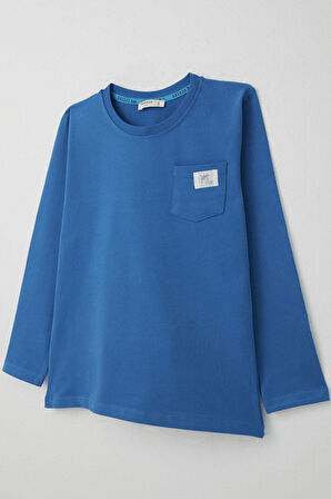 Breeze Erkek Çocuk Uzun Kollu Tişört Cool Yazı Armalı Cepli 4-8 Yaş, Saks Mavisi