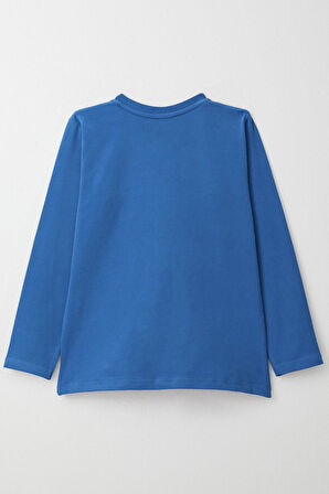 Breeze Erkek Çocuk Uzun Kollu Tişört Cool Yazı Armalı Cepli 4-8 Yaş, Saks Mavisi