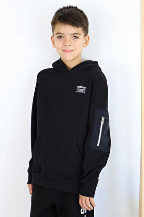 Breeze Erkek Çocuk Sweatshirt Armalı Kolu Cepli Fermuarlı 9-14 Yaş, Siyah