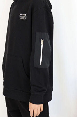 Breeze Erkek Çocuk Sweatshirt Armalı Kolu Cepli Fermuarlı 9-14 Yaş, Siyah