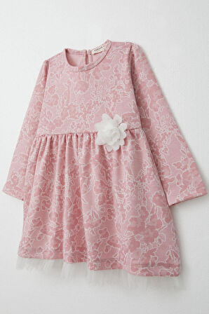 Breeze Kız Çocuk Uzun Kollu Elbise Çiçek Desenli 3-7 Yaş, Gülkurusu