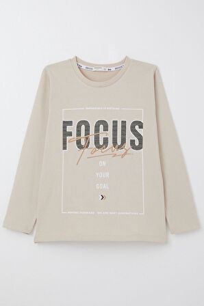 Breeze Erkek Çocuk Uzun Kollu Tişört Slogan Temalı Yazı Baskılı 6-12 Yaş, Bej