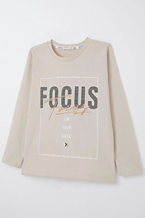 Breeze Erkek Çocuk Uzun Kollu Tişört Slogan Temalı Yazı Baskılı 6-12 Yaş, Bej