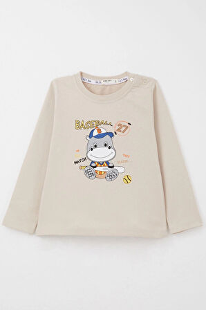 Breeze Erkek Bebek Eşofman Takım Baseball Oyuncusu Sevimli Hayvancık Baskılı 9 Ay-3 Yaş, Bej