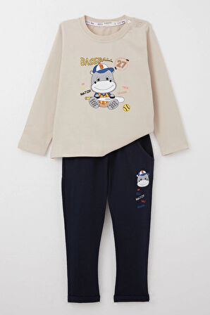 Breeze Erkek Bebek Eşofman Takım Baseball Oyuncusu Sevimli Hayvancık Baskılı 9 Ay-3 Yaş, Bej