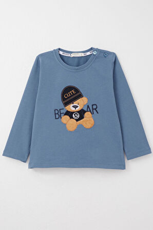 Breeze Erkek Bebek Uzun Kollu Tişört Havalı Ayıcık Nakışlı 9 Ay-3 Yaş, İndigo