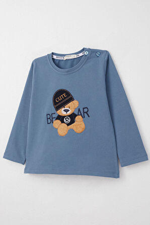 Breeze Erkek Bebek Uzun Kollu Tişört Havalı Ayıcık Nakışlı 9 Ay-3 Yaş, İndigo