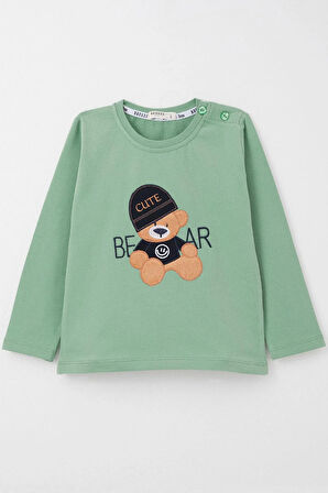 Breeze Erkek Bebek Uzun Kollu Tişört Havalı Ayıcık Nakışlı 9 Ay-3 Yaş, Mint Yeşili