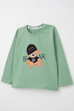 Breeze Erkek Bebek Uzun Kollu Tişört Havalı Ayıcık Nakışlı 9 Ay-3 Yaş, Mint Yeşili