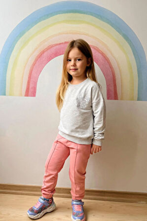 Breeze Kız Çocuk Eşofman Takım Yazı Baskılı Sırtı Çiçekli 4-9 Yaş, Açık Gri Melanj