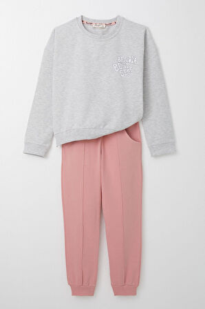 Breeze Kız Çocuk Eşofman Takım Yazı Baskılı Sırtı Çiçekli 4-9 Yaş, Açık Gri Melanj