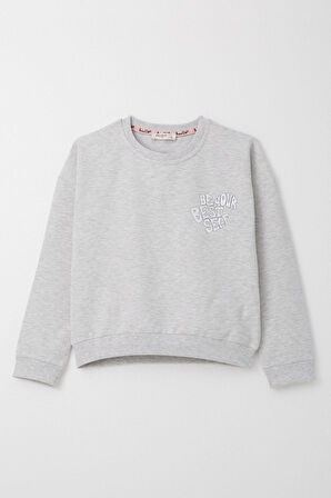 Breeze Kız Çocuk Eşofman Takım Yazı Baskılı Sırtı Çiçekli 4-9 Yaş, Açık Gri Melanj