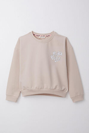 Breeze Kız Çocuk Eşofman Takım Yazı Baskılı Sırtı Çiçekli 4-9 Yaş, Bej