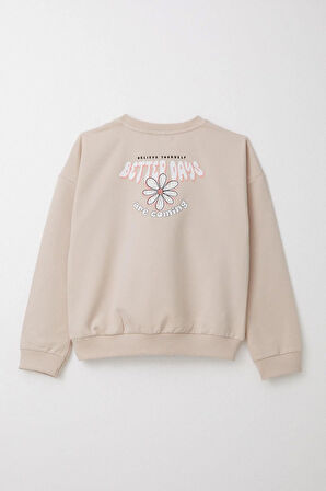 Breeze Kız Çocuk Eşofman Takım Yazı Baskılı Sırtı Çiçekli 4-9 Yaş, Bej