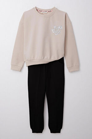 Breeze Kız Çocuk Eşofman Takım Yazı Baskılı Sırtı Çiçekli 4-9 Yaş, Bej