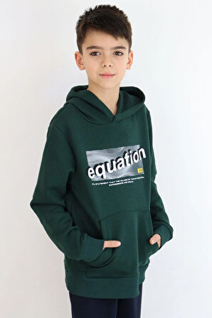 Breeze Erkek Çocuk Sweatshirt Yazı Baskılı Kanguru Cepli Kapüşonlu 8-14 Yaş, Koyu Yeşil