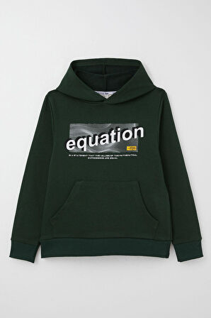 Breeze Erkek Çocuk Sweatshirt Yazı Baskılı Kanguru Cepli Kapüşonlu 8-14 Yaş, Koyu Yeşil
