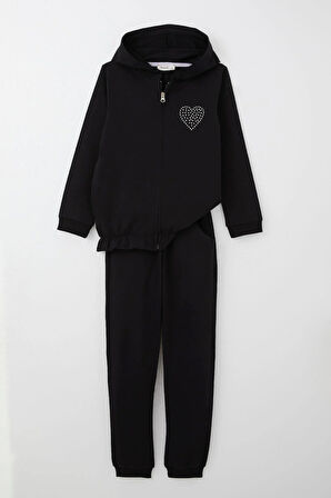 Breeze Kız Çocuk Eşofman Takım Taş İşlemeli Kalp 4-9 Yaş, Siyah