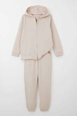 Breeze Kız Çocuk Eşofman Takım Taş İşlemeli Kalp 4-9 Yaş, Bej