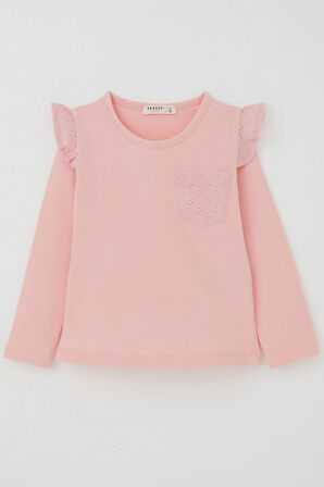Breeze Kız Çocuk Uzun Kollu Tişört Basic Güpürlü 3-8 Yaş, Pembe