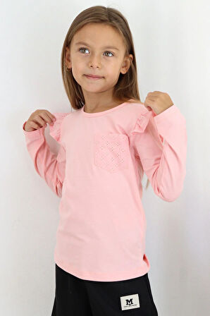 Breeze Kız Çocuk Uzun Kollu Tişört Basic Güpürlü 3-8 Yaş, Pembe
