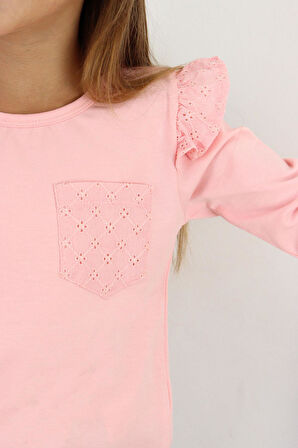 Breeze Kız Çocuk Uzun Kollu Tişört Basic Güpürlü 3-8 Yaş, Pembe