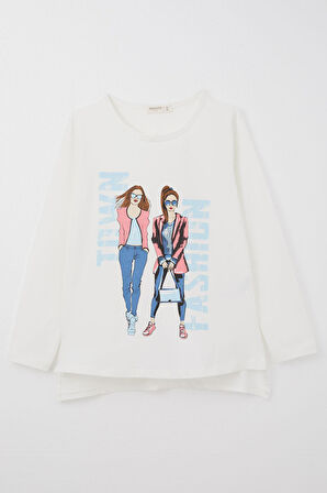 Breeze Kız Çocuk Uzun Kollu Tişört Moda Temalı Kız Baskılı 10-16 Yaş, Ekru