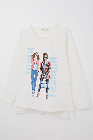 Breeze Kız Çocuk Uzun Kollu Tişört Moda Temalı Kız Baskılı 10-16 Yaş, Ekru