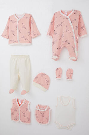 Breeze Kız Bebek Hastane Çıkışı 8 Li Unıcorn Flamingo Desenli 0-3 Ay, Somon