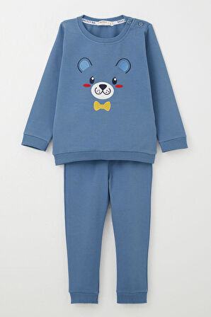 Breeze Erkek Bebek Eşofman Takım Mutlu Köpekçik Nakışlı 9 Ay-3 Yaş, İndigo