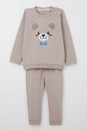 Breeze Erkek Bebek Eşofman Takım Mutlu Köpekçik Nakışlı 9 Ay-3 Yaş, Vizon