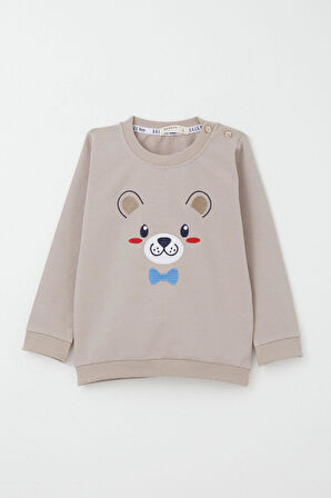 Breeze Erkek Bebek Eşofman Takım Mutlu Köpekçik Nakışlı 9 Ay-3 Yaş, Vizon