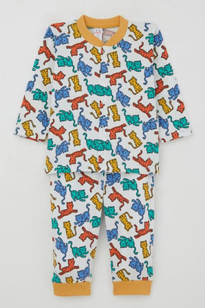 Breeze Erkek Bebek Pijama Takımı Renkli Kedicik Desenli 4 Ay-1 Yaş, Beyaz