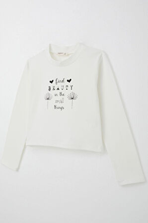 Breeze Kız Çocuk Uzun Kollu Tişört Kemer Boy Yazı Baskılı 9-14 Yaş, Ekru