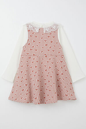 Breeze Kız Çocuk Uzun Kollu Jile Elbise Bodyli Kalp Desenli 3-8 Yaş, Gülkurusu